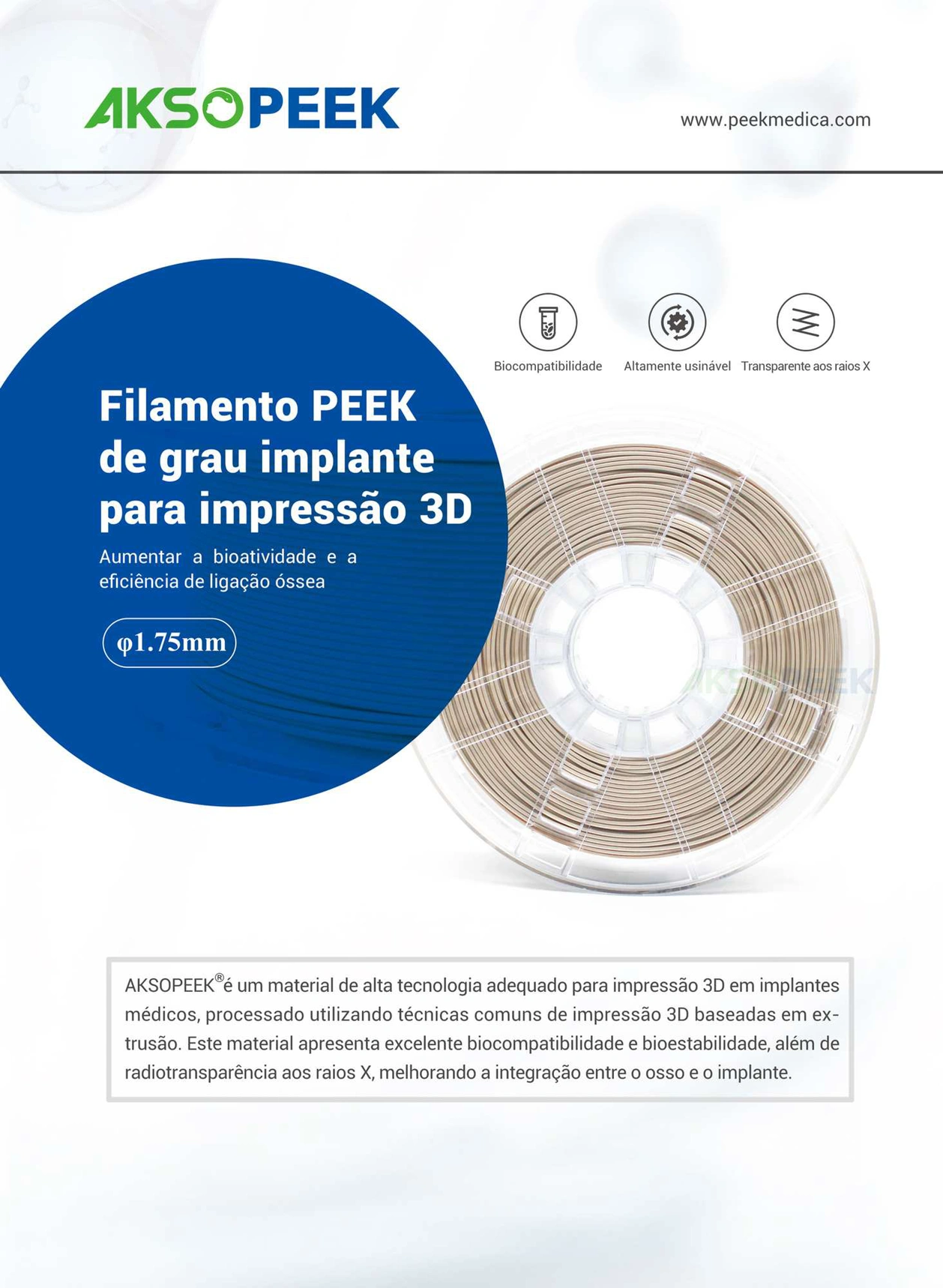 AKSOPEEK Medical Grade Implant Grade PEEK Material (Portuguese)