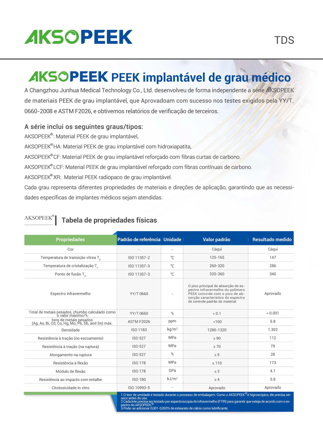 AKSOPEEK Medical Grade Implant Grade PEEK Material (Portuguese)